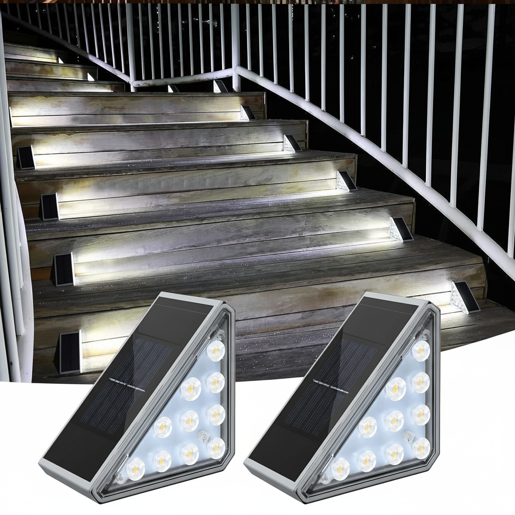 Two triangular solar lights on a white background with stairs in the background