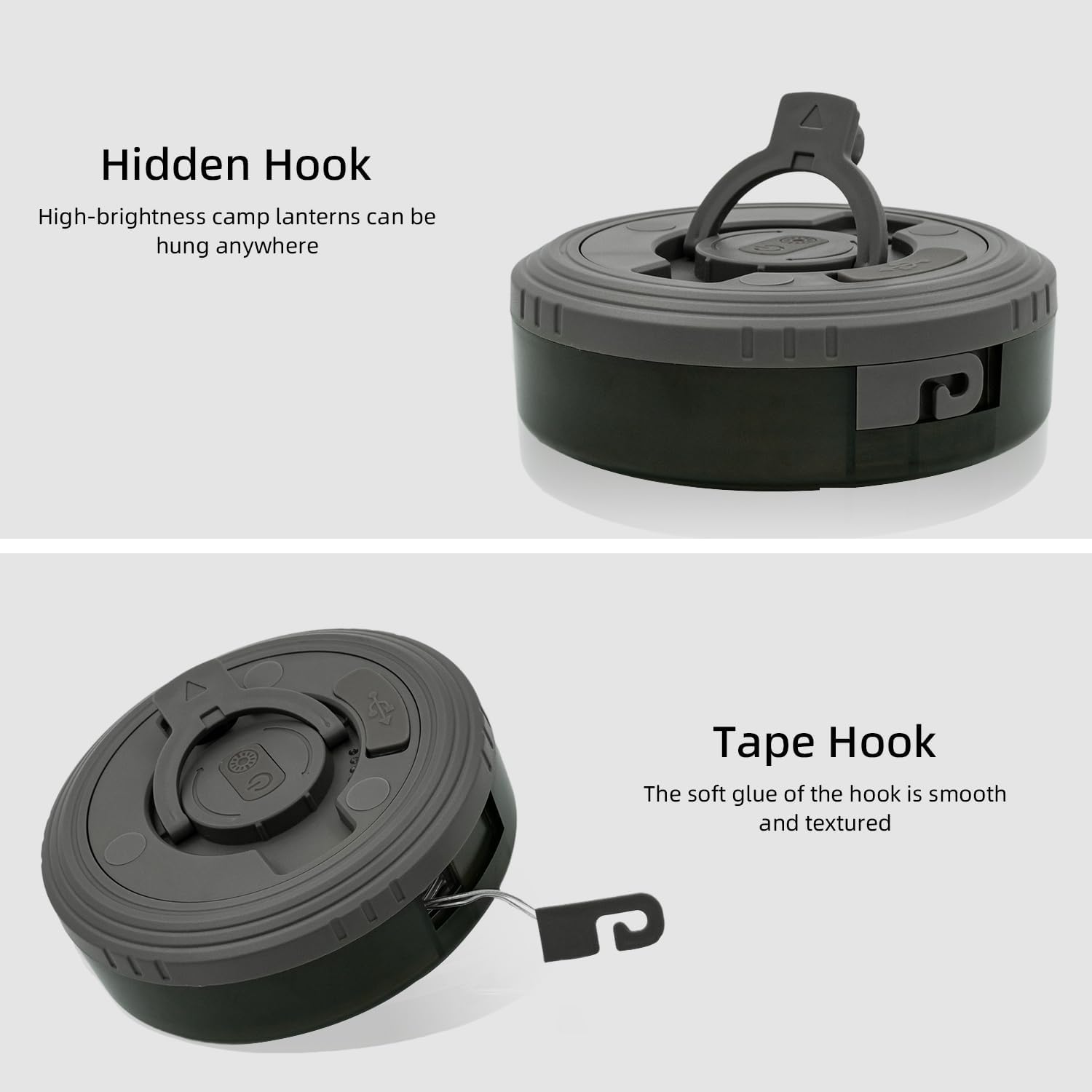 Two views of a camping lantern with hidden and tape hooks on a white background.