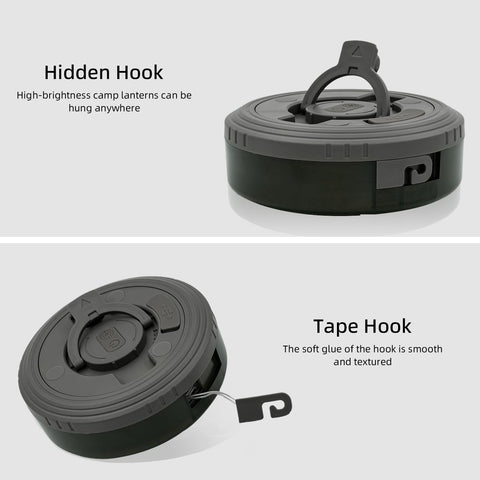 Two views of a camping lantern with hidden and tape hooks on a white background.