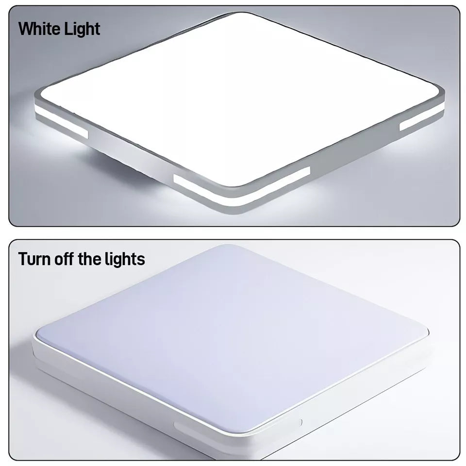 Two views of a rectangular light fixture with white light on a gray background.