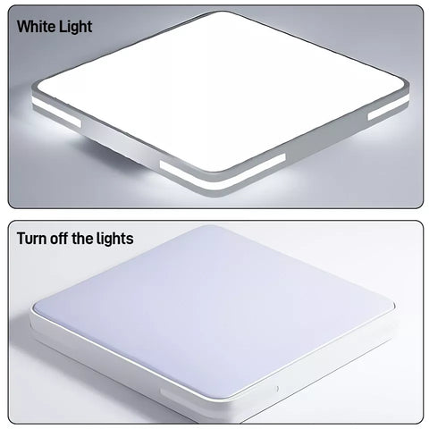 Two views of a rectangular light fixture with white light on a gray background.