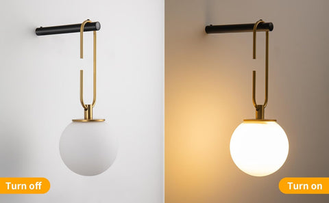 Two wall-mounted lights, one off and one on, with a clear comparison.