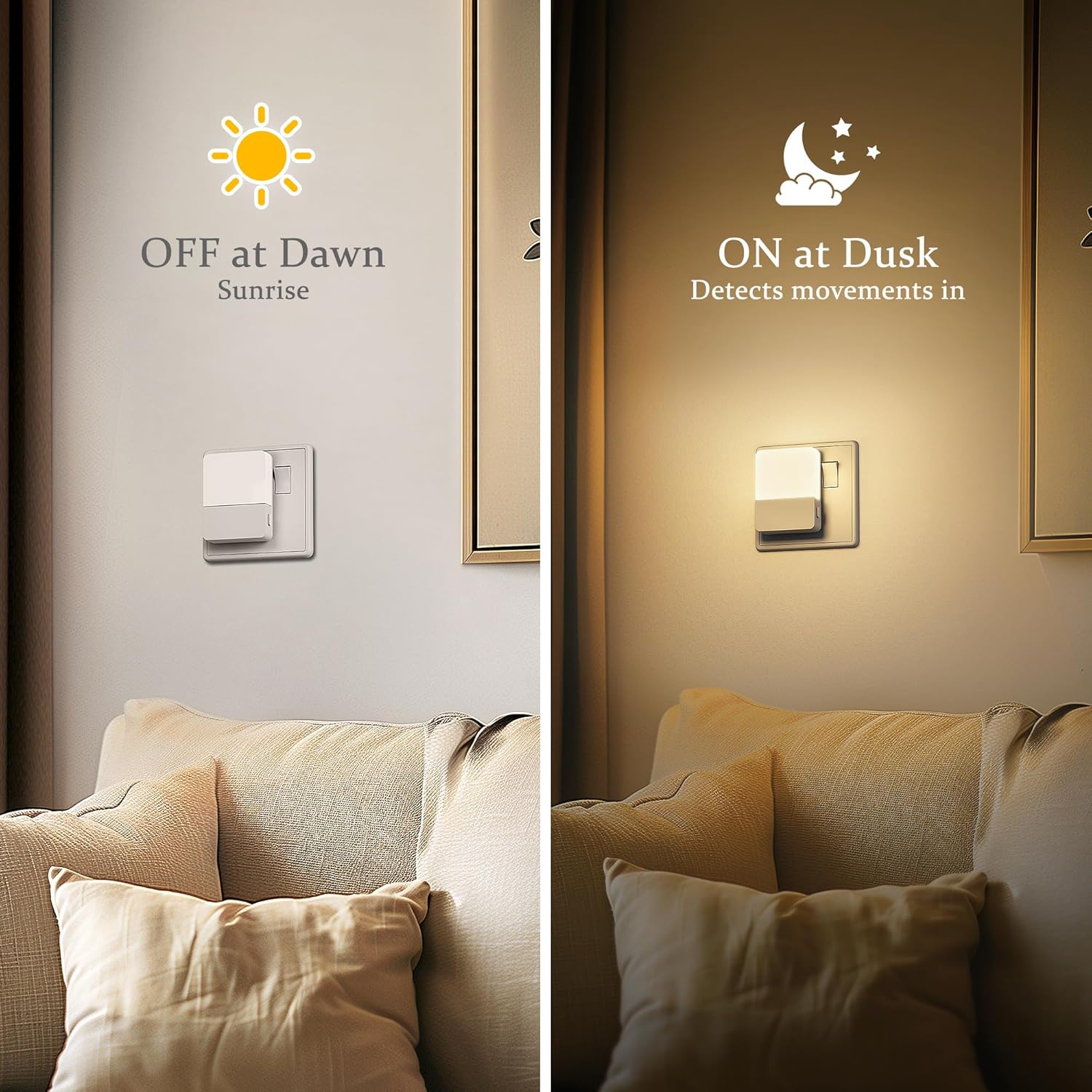 Two wall lights labeled 'OFF at Dawn' and 'ON at Dusk' in a living room setting.
