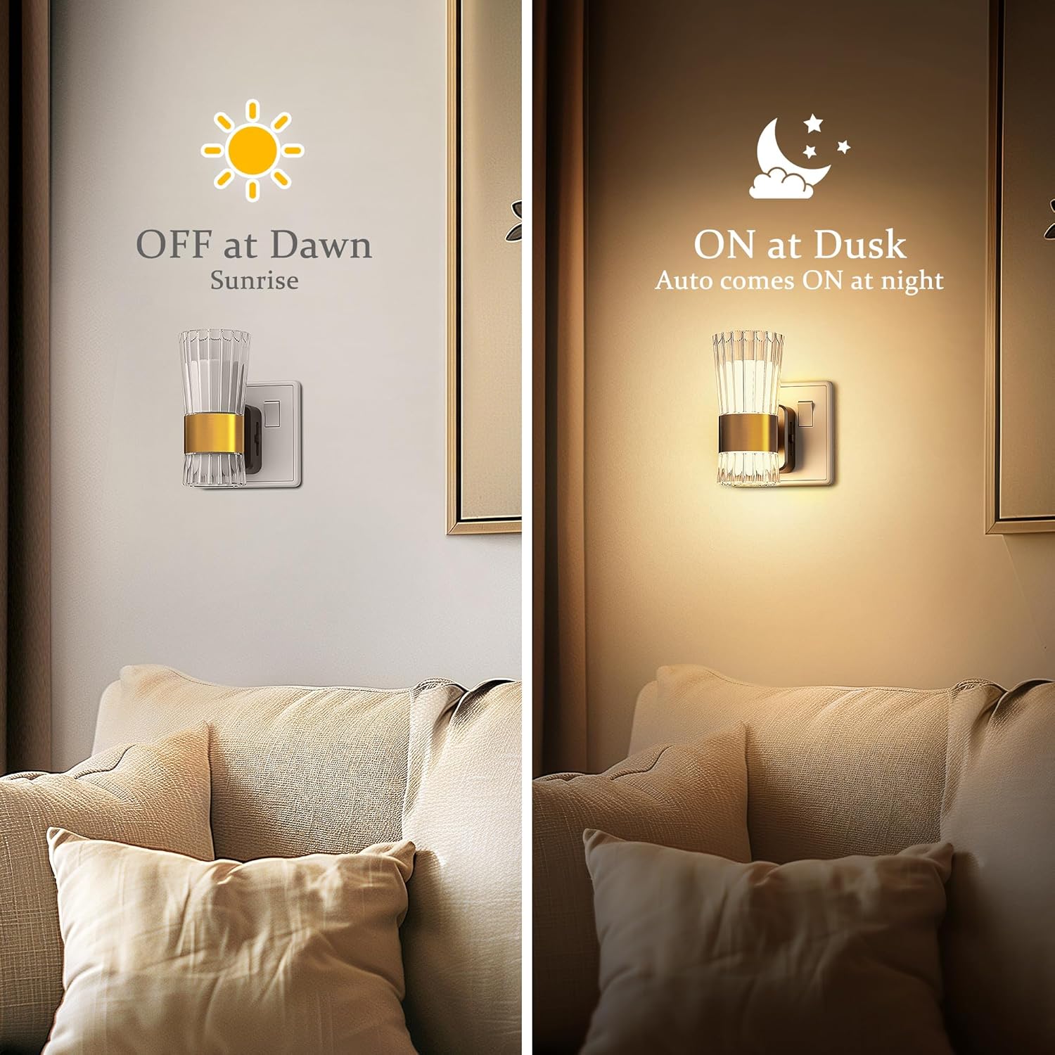 Two wall lights with 'OFF at Dawn' and 'ON at Dusk' labels in a living room setting.