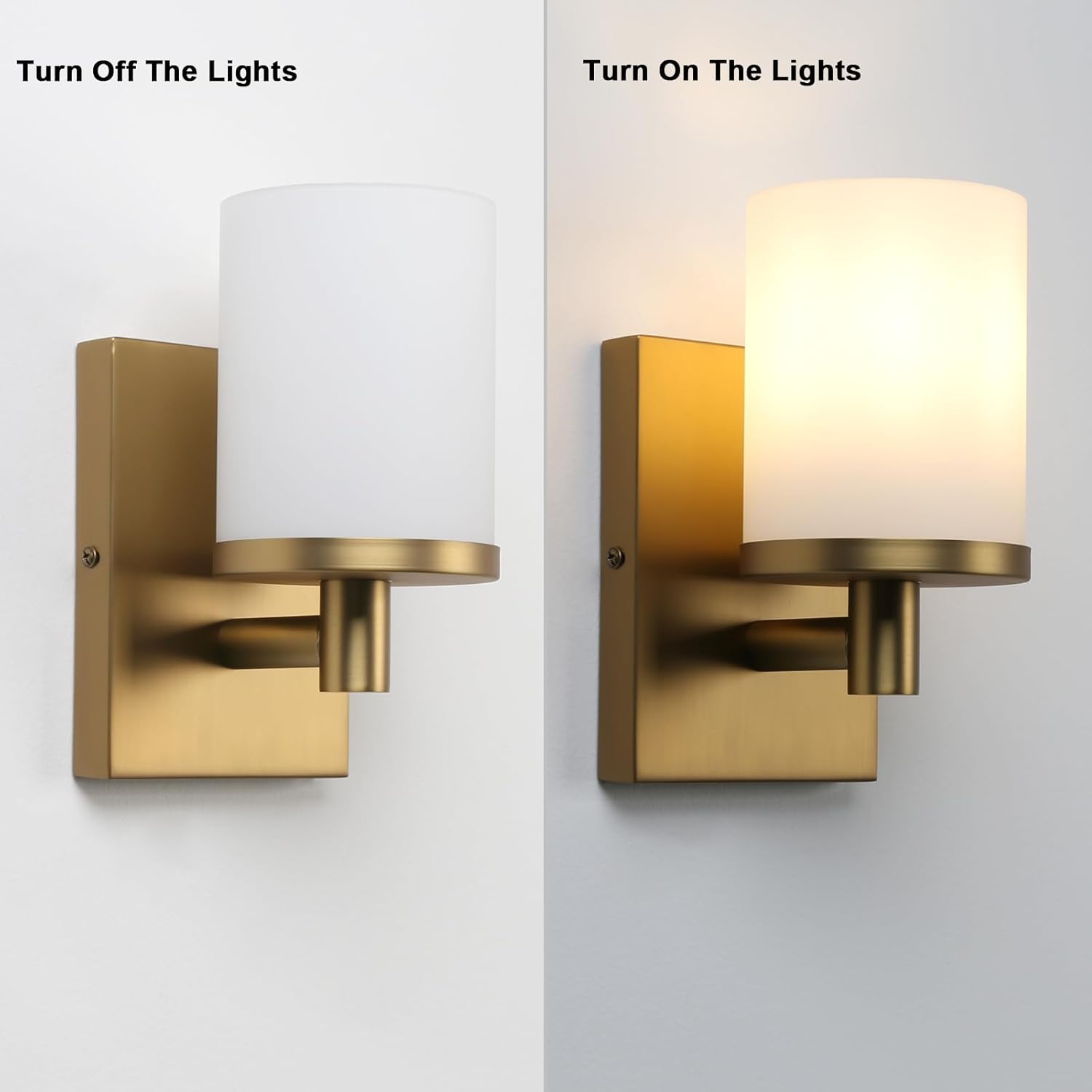 Two wall sconces showing difference in light output with 'Turn Off The Lights' on left and 'Turn On The Lights' on right.