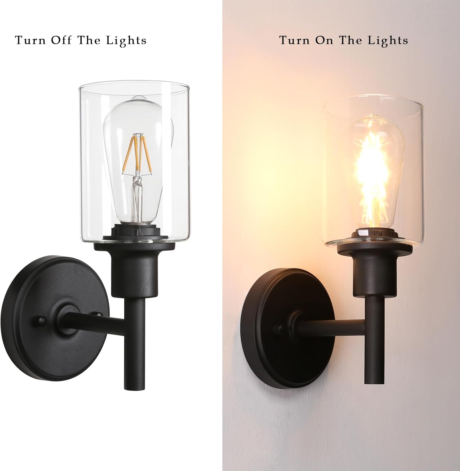 Two wall sconces with clear glass shades, one off and one on, on a white background.