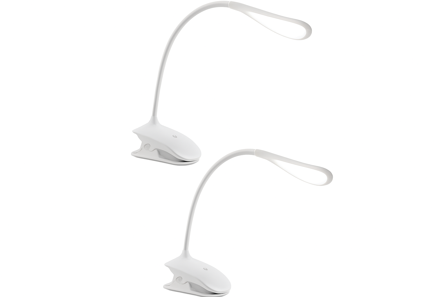 Two white clip-on desk lamps on a white background