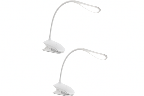 Two white clip-on desk lamps on a white background