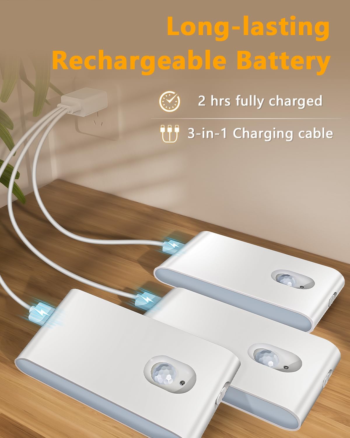 Two white portable lights with charging cables on a wooden surface, featuring text about long-lasting rechargeable battery.