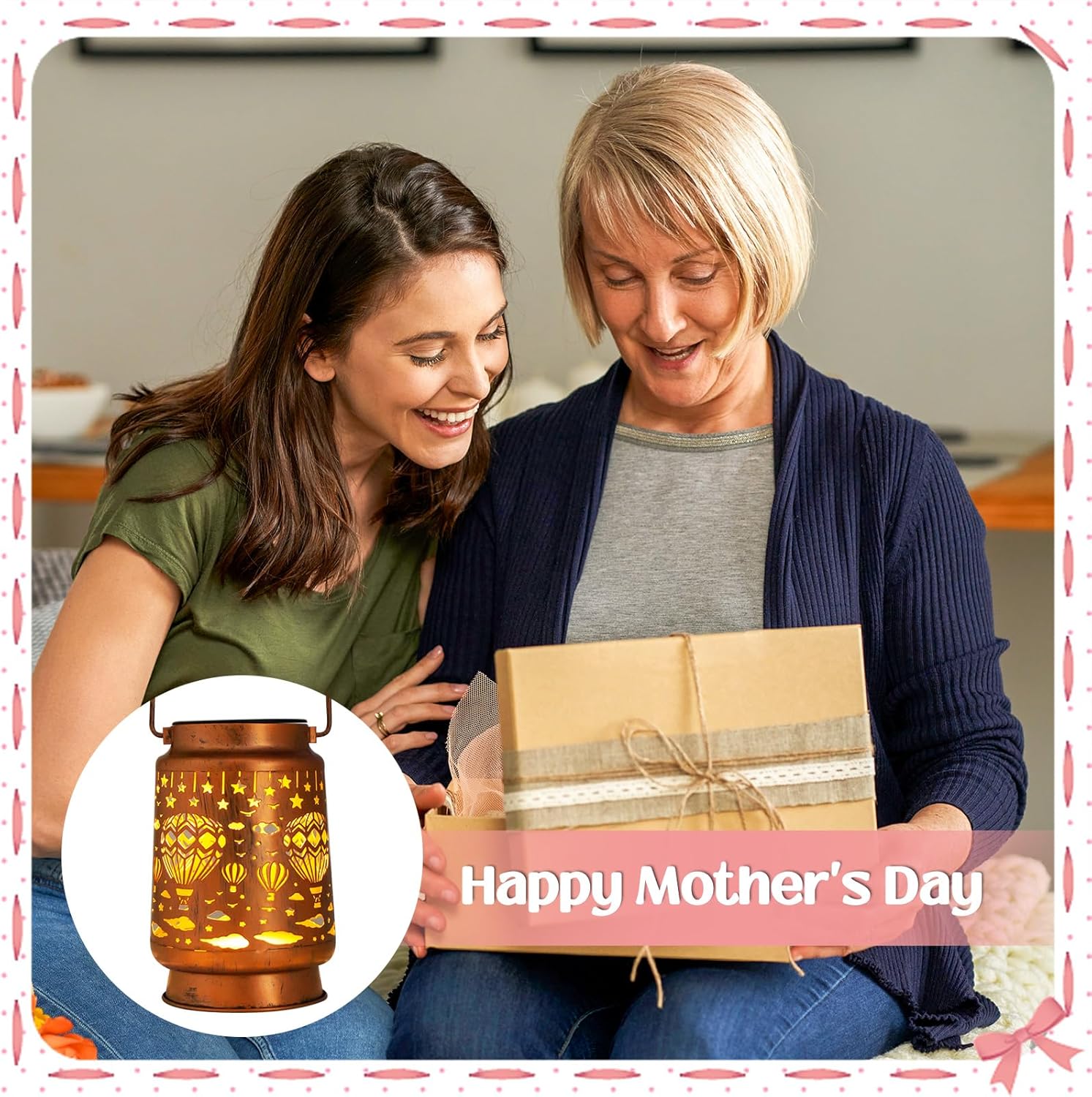 Two women looking at a gift box with a inset of a lantern, celebrating Mother's Day.