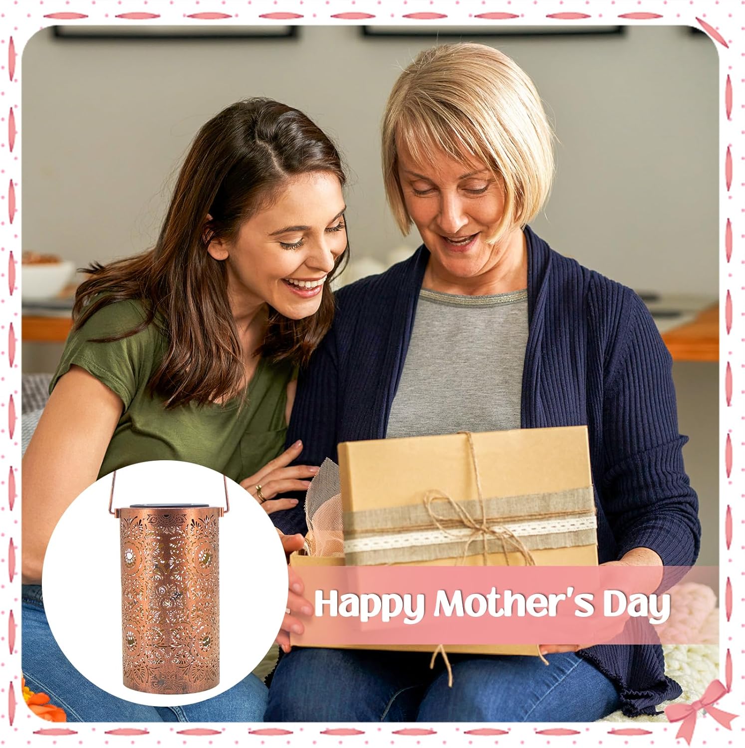 Two women looking at a gift box with a small copper container inset, celebrating Mother's Day.
