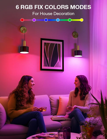 Two women sitting on a couch in a room with RGB lighting controls displayed above.
