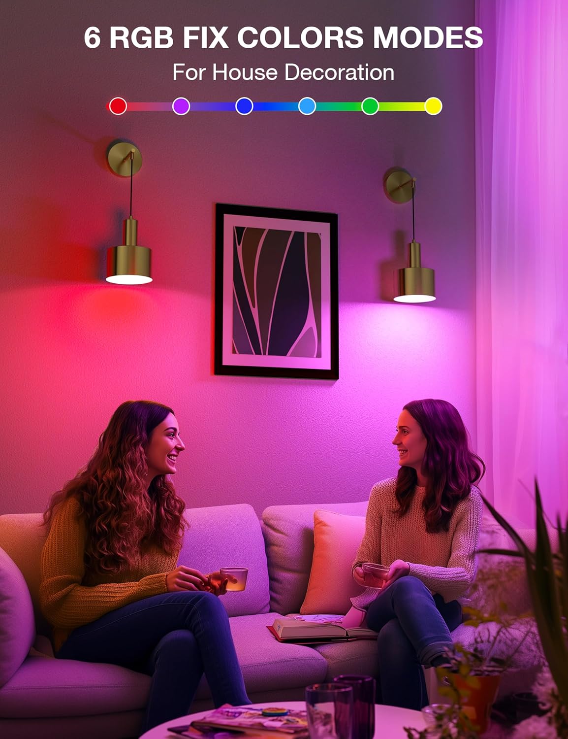 Two women sitting on a couch in a room with RGB lighting modes displayed.