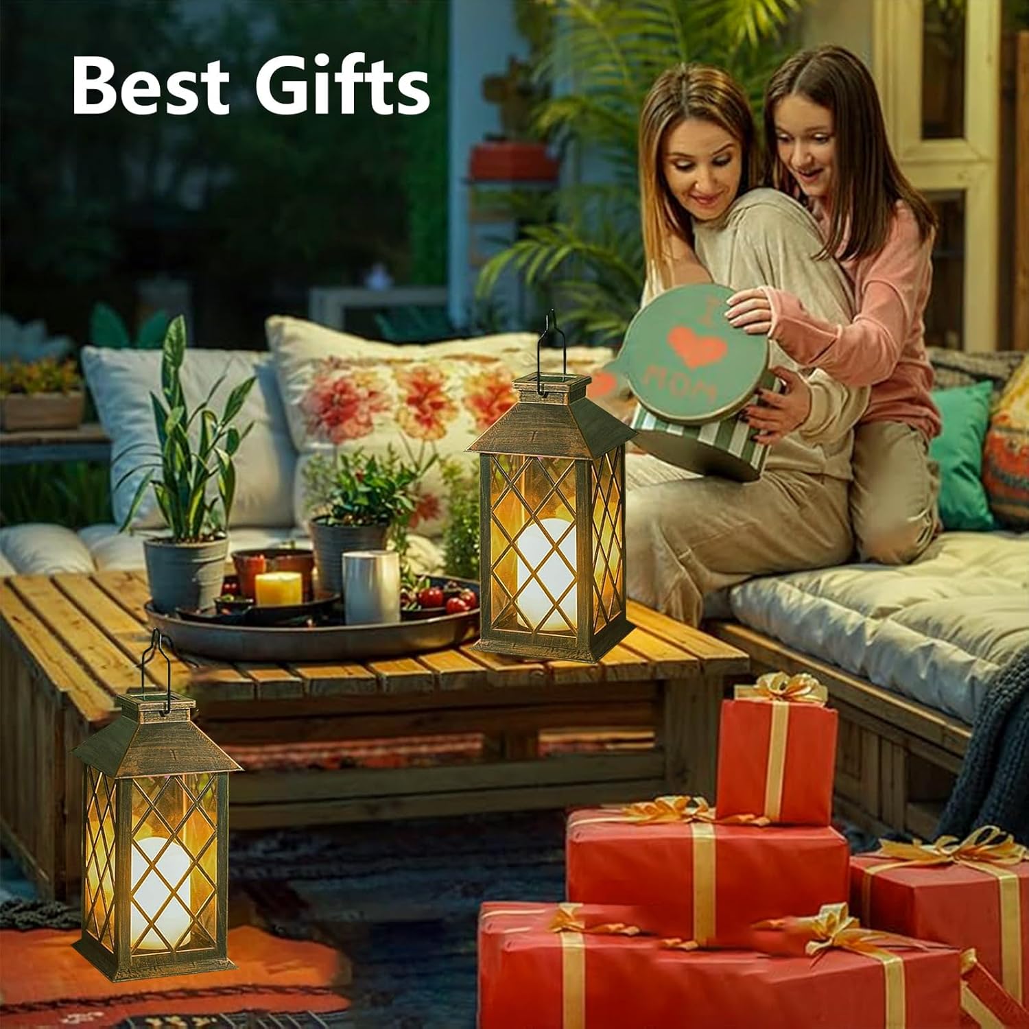 Two women sitting on a couch with decorative lanterns and wrapped gifts, labeled 'Best Gifts'.