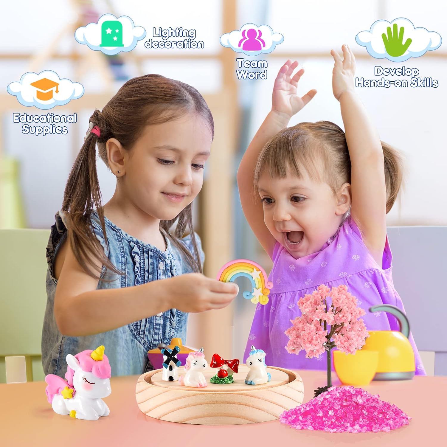 Two young girls playing with educational toys at a table.