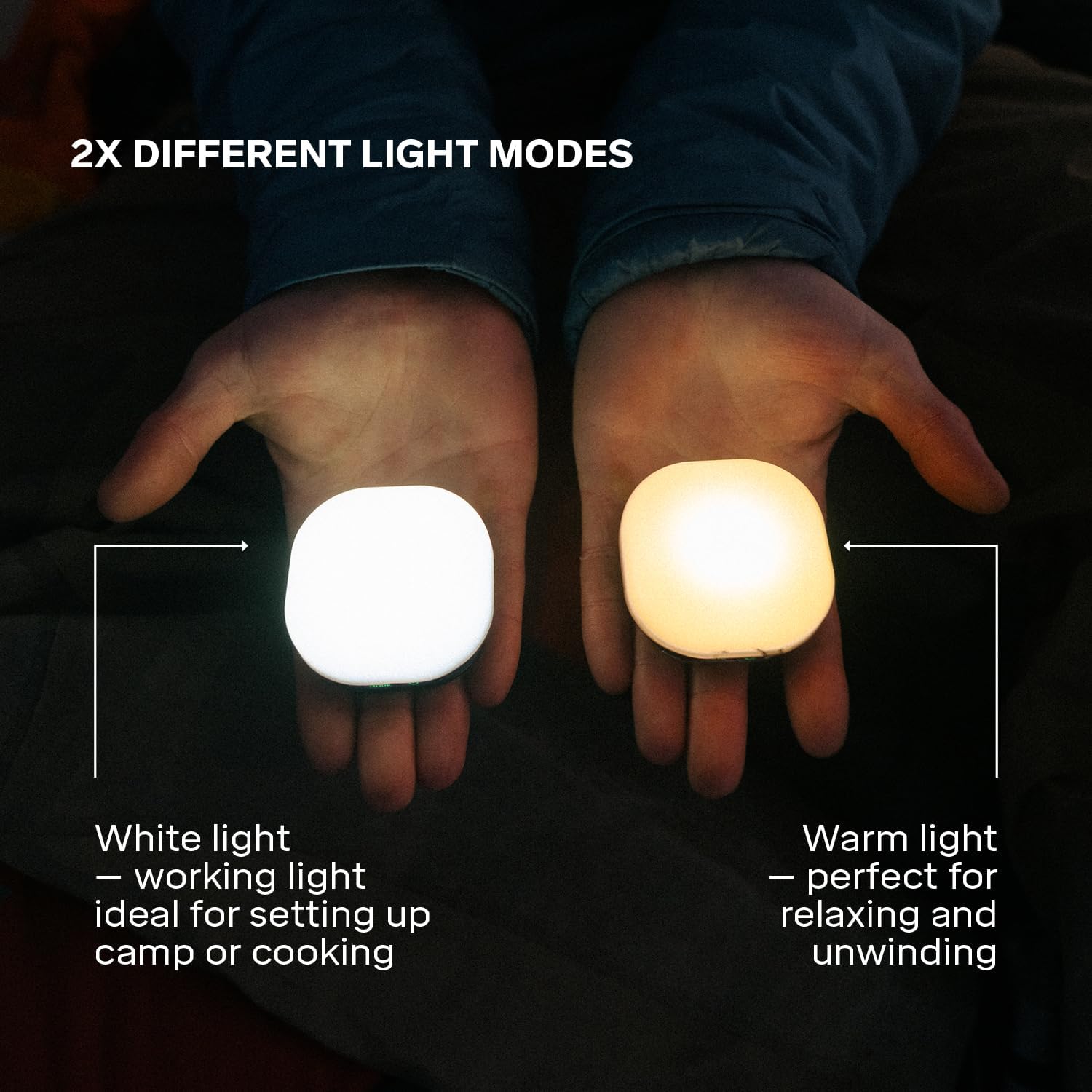 Two hands holding a white light and a warm light source with text explaining different light modes.