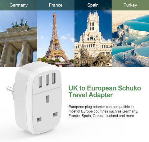 UK to European Schuko travel adapter with images of landmarks from Germany, France, Spain, and Turkey.