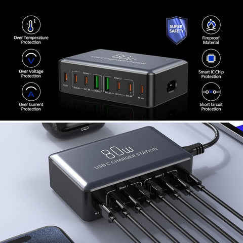 USB-C charger station with multiple ports on a white background