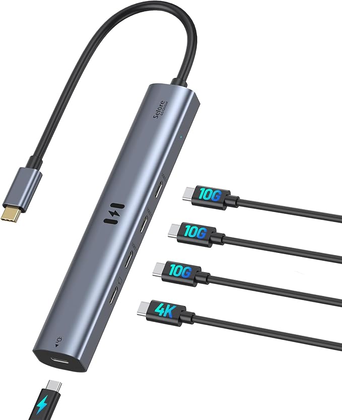 USB-C hub with multiple cables on a white background