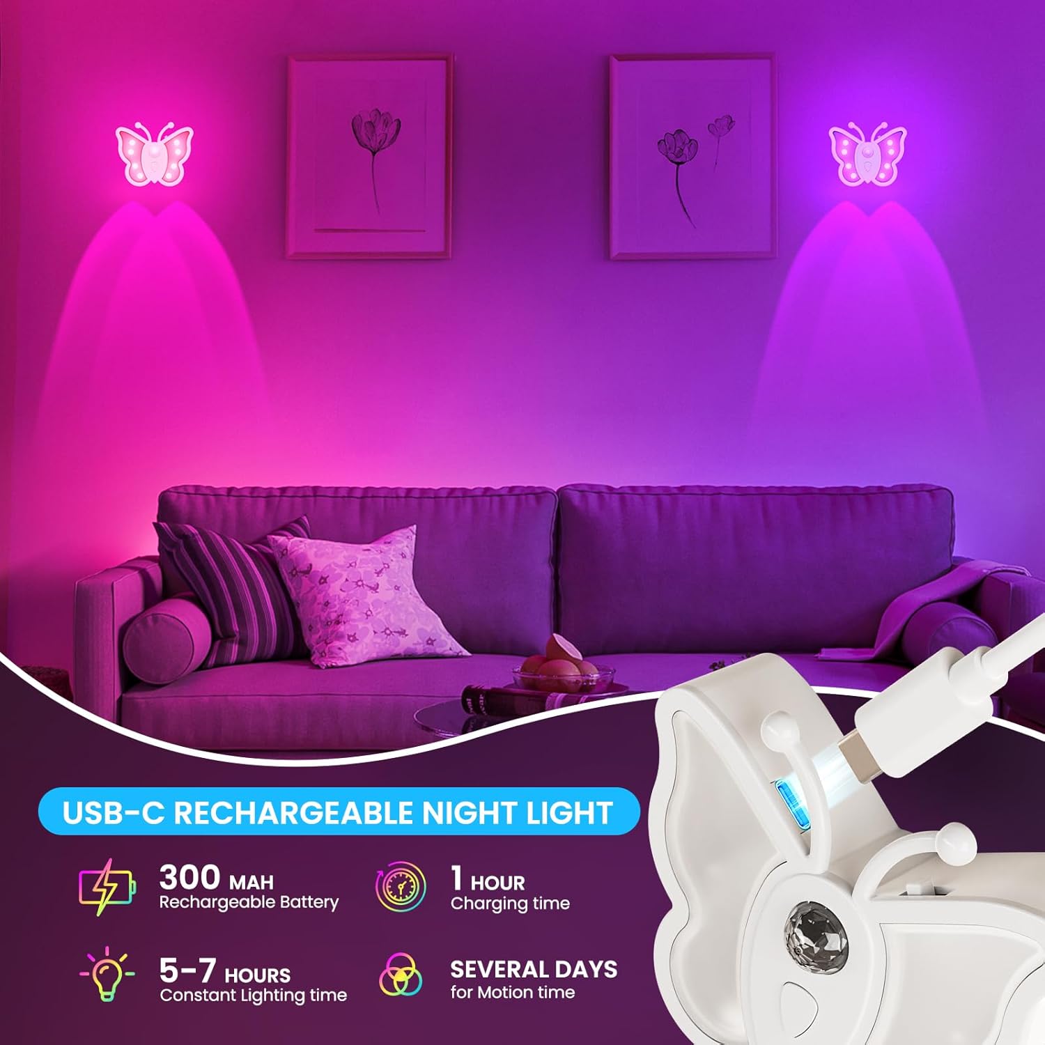 USB-C rechargeable night light in a living room setting with purple lighting.