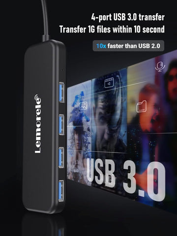 USB 3.0 hub with display of transfer speed benefits on a dark background