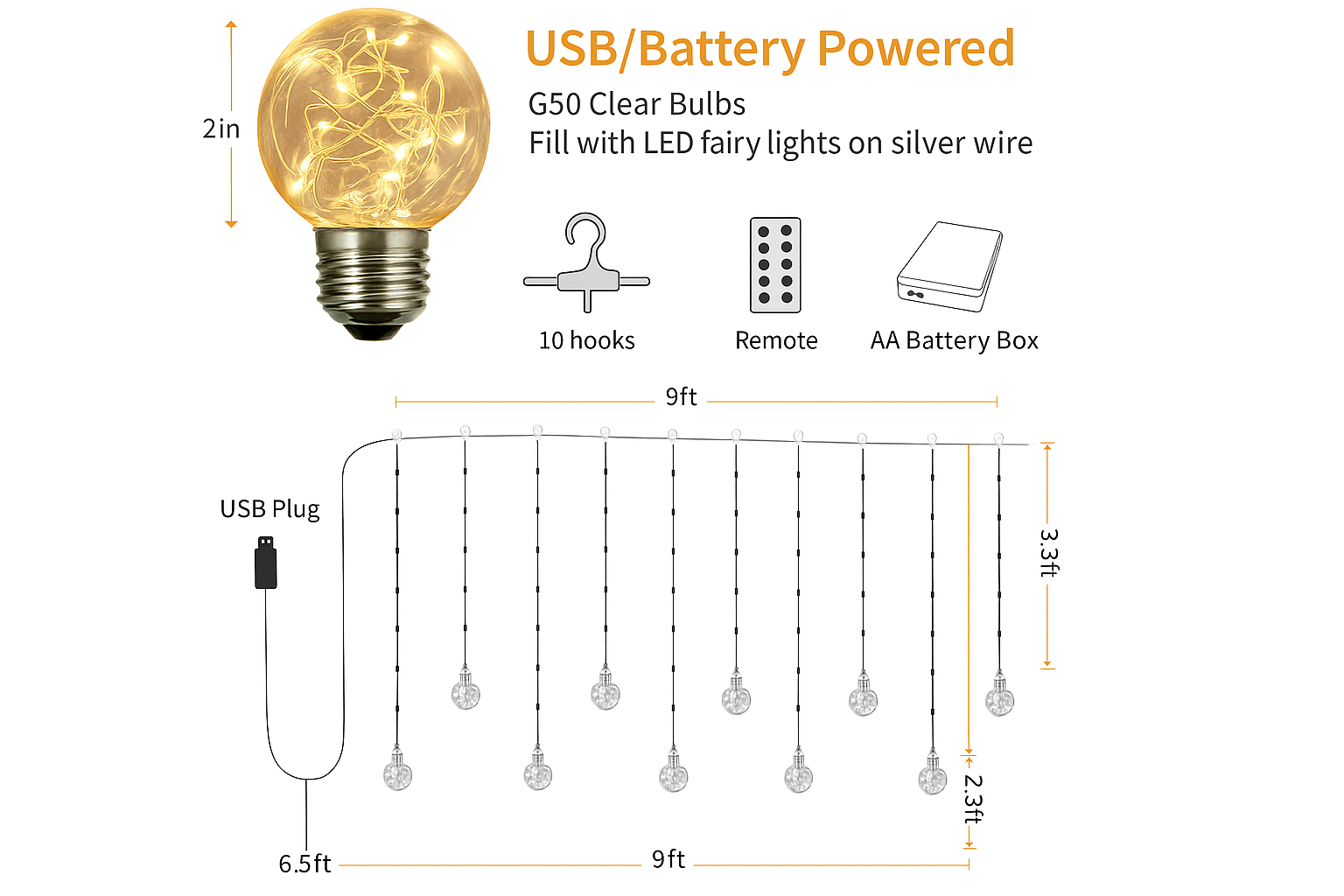 USB/Battery Powered G50 Clear Bulbs with LED fairy lights on silver wire, including bulb, USB plug, hooks, remote, and battery box.