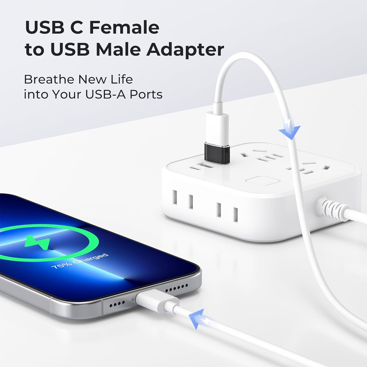 USB C Female to USB Male Adapter connecting a smartphone to a power strip on a white background.