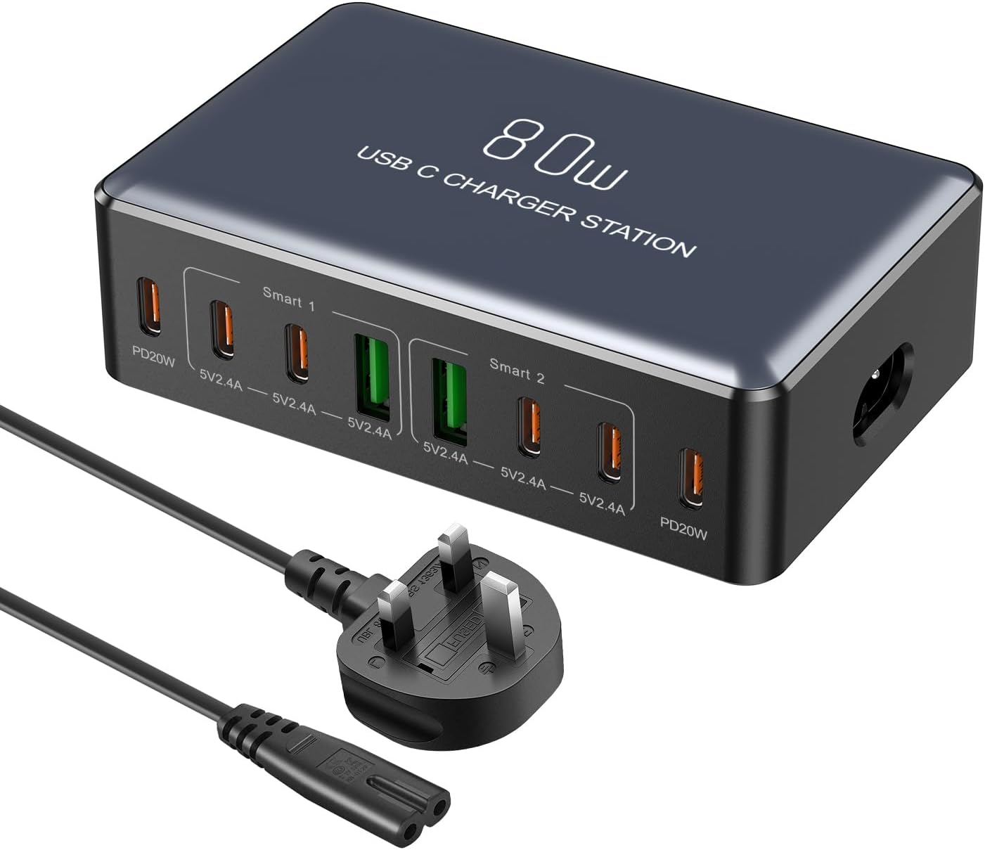 USB C charger station with multiple ports and a power cord on a white background