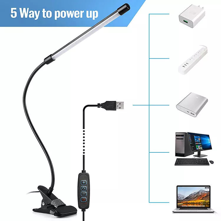 USB Clip On Desk Lamp Flexible Clamp Reading Light LED Bed Table Bedside Night