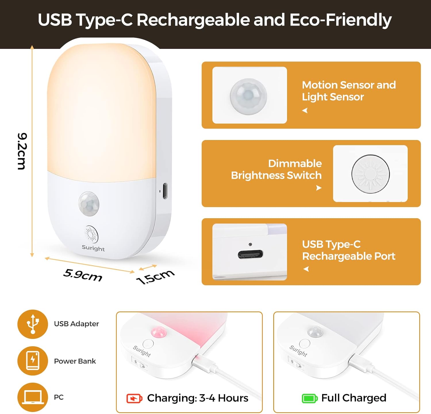 USB Type-C rechargeable night light with features highlighted on a white background