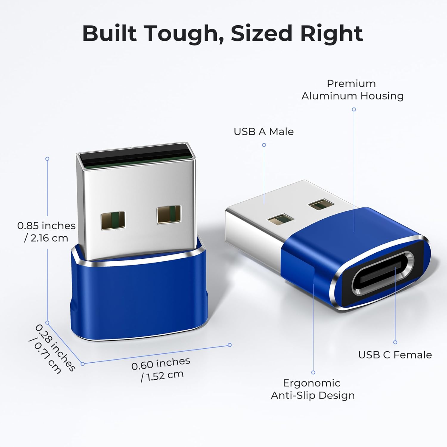 USB adapter with USB A male and USB C female connectors, showing dimensions and features.