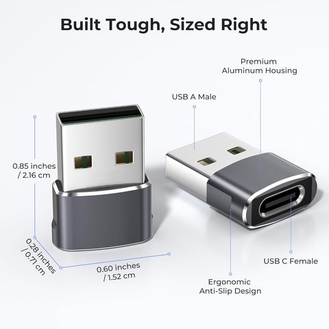 USB adapter with labeled features and dimensions on a white background