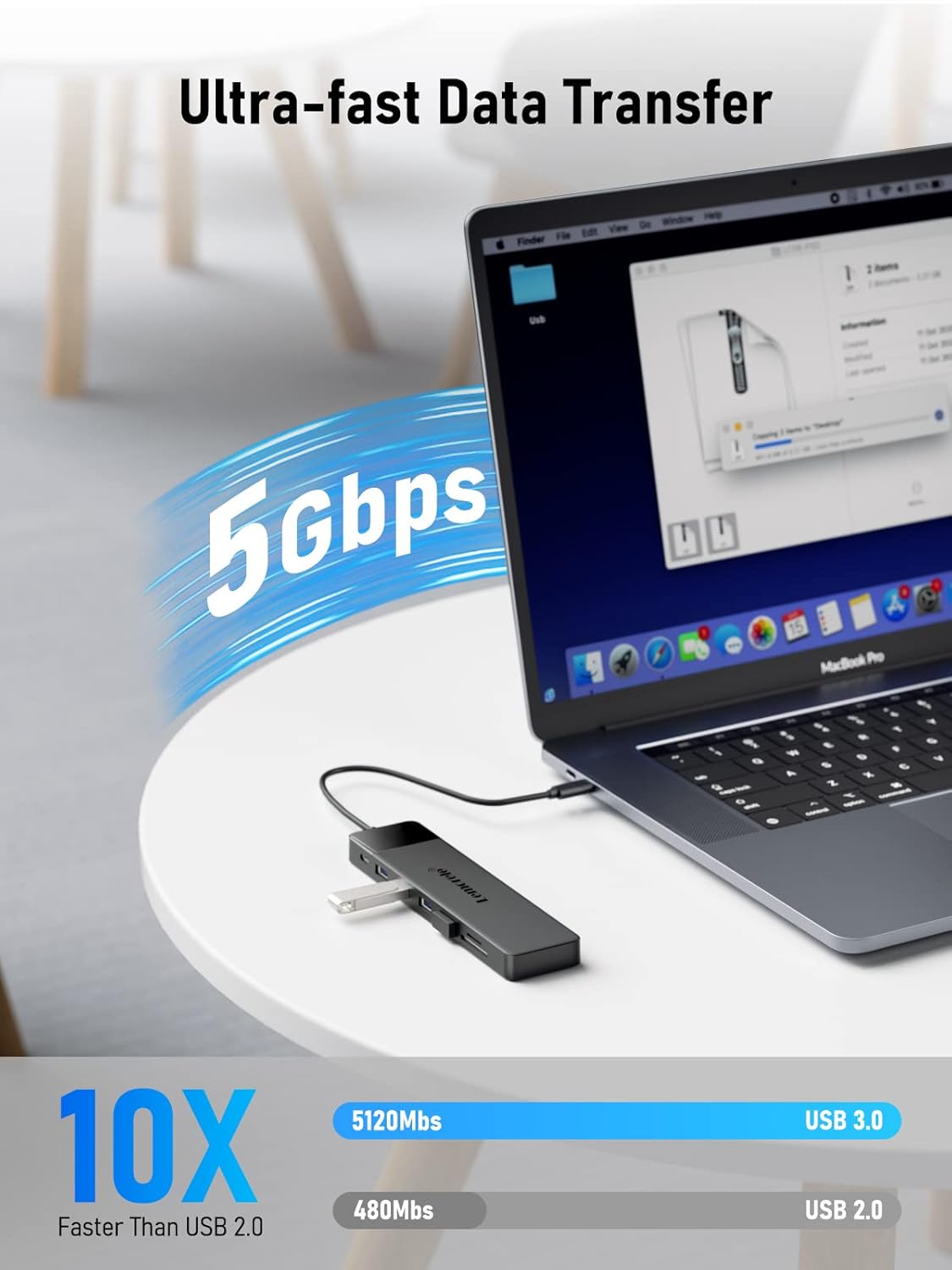 USB adapter with laptop displaying data transfer speed on a white background