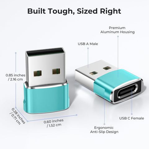 USB adapter with measurements and features highlighted on a white background