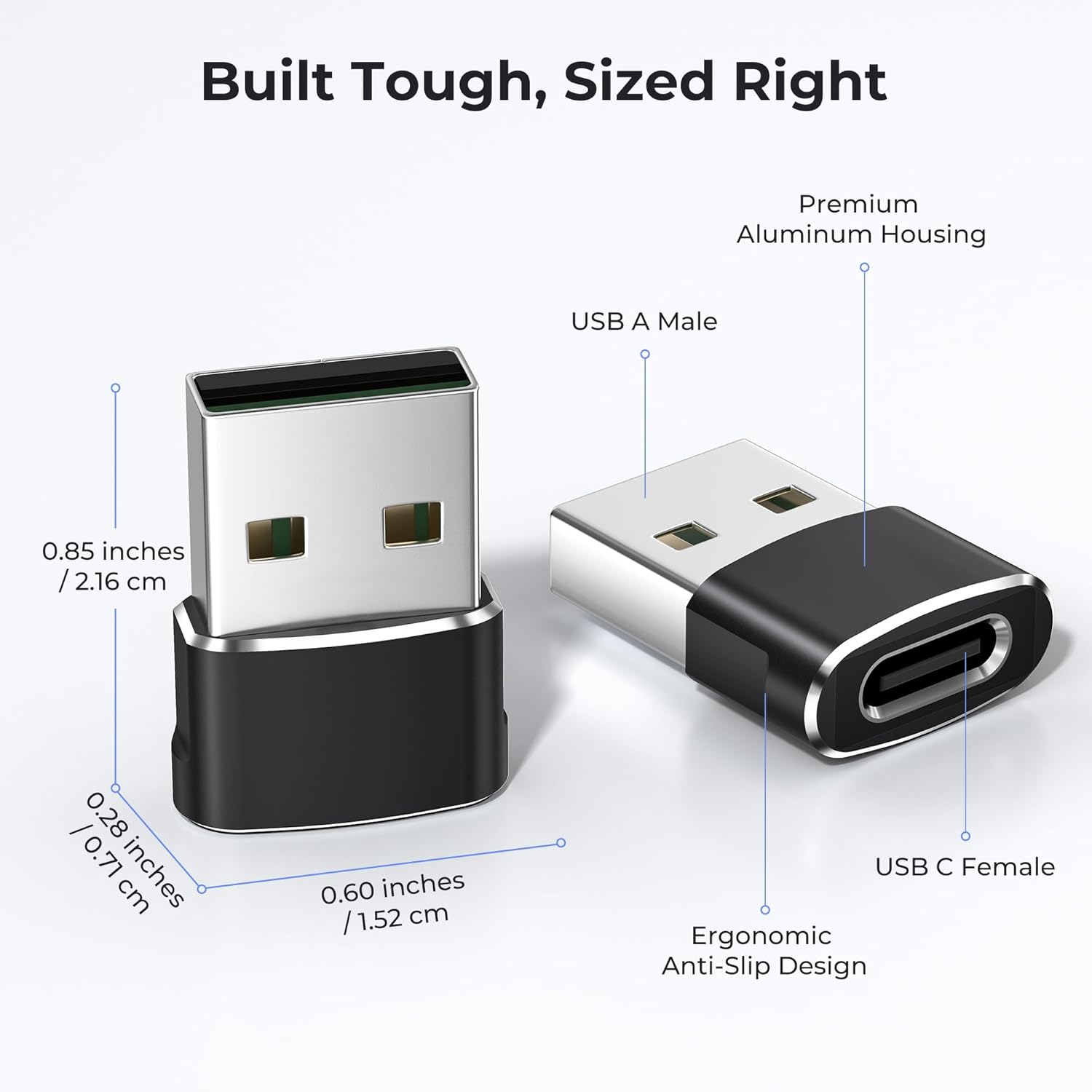 USB adapter with measurements and features on a white background