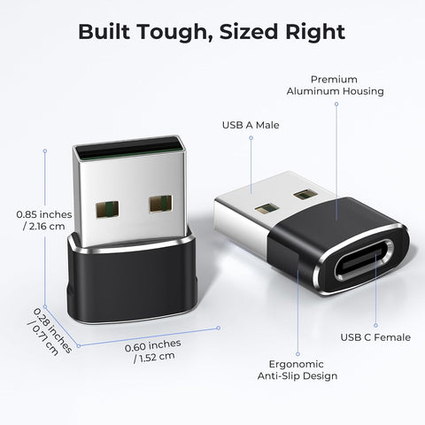 USB adapter with measurements and features on a white background