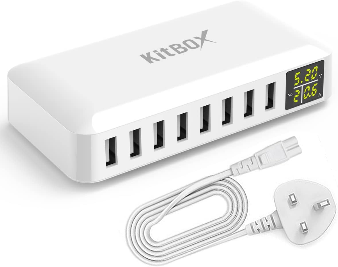  USB charger with multiple ports and a cable on a white background