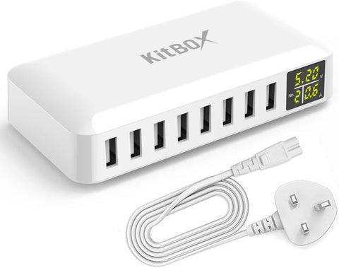  USB charger with multiple ports and a cable on a white background