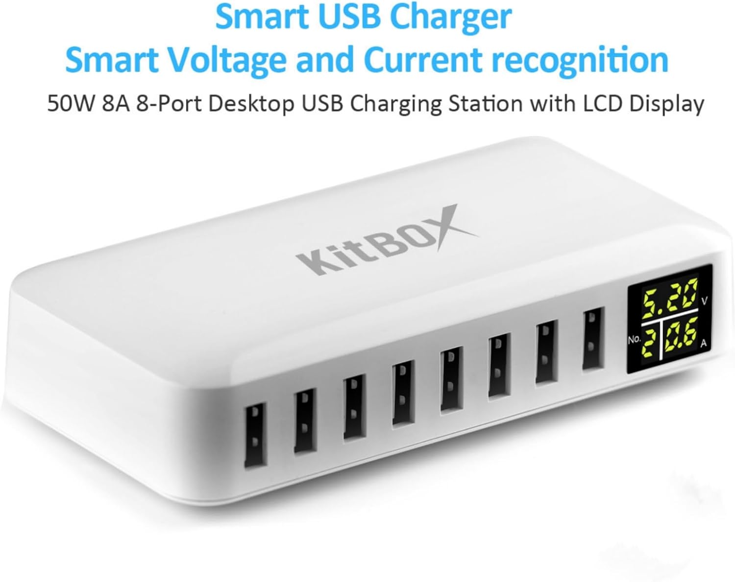  USB charging station with multiple ports and digital display on a white background