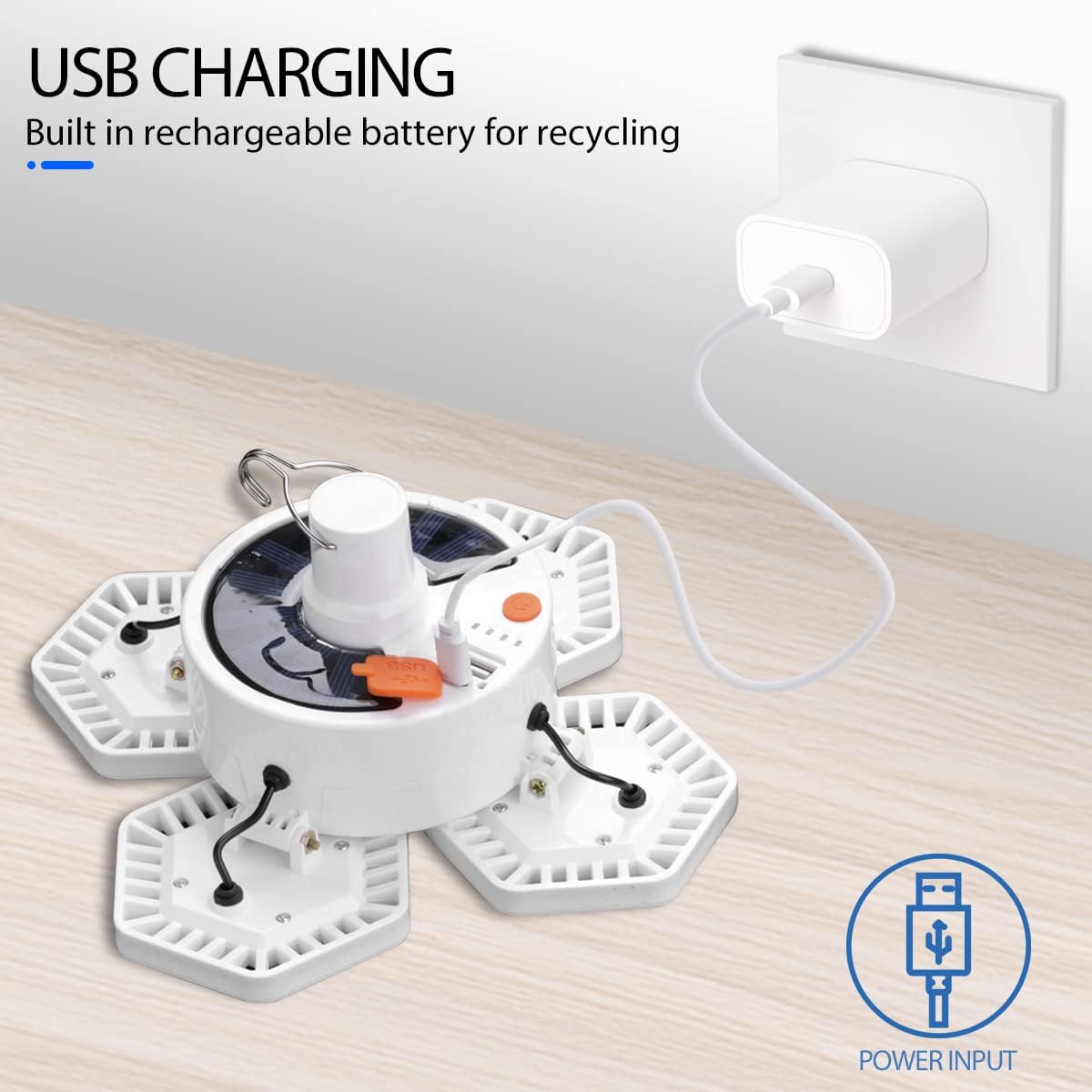 USB charging station with rechargeable battery on a wooden surface