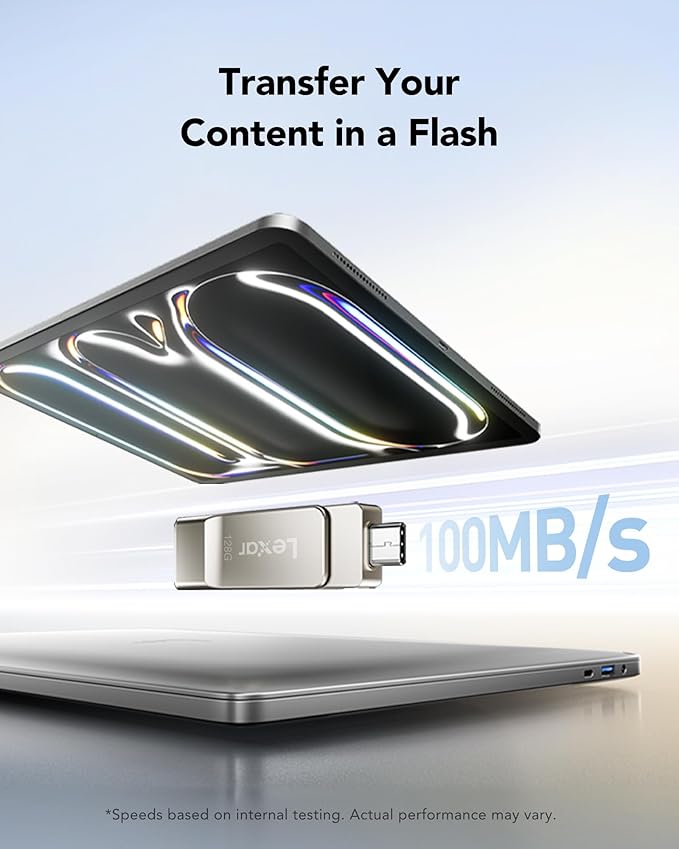 USB flash drive with laptop on a light blue background, emphasizing high-speed transfer.
