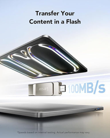 USB flash drive with laptop on a light blue background, emphasizing high-speed transfer.