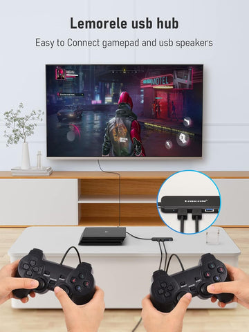  USB hub being used with gaming controllers and a TV displaying a game.