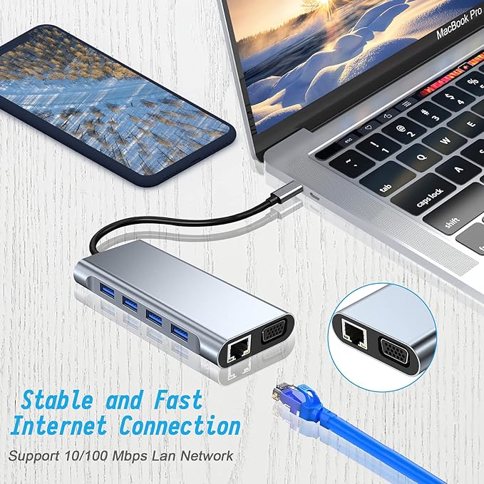 USB hub connected to a laptop and smartphone with text about stable and fast internet connection.