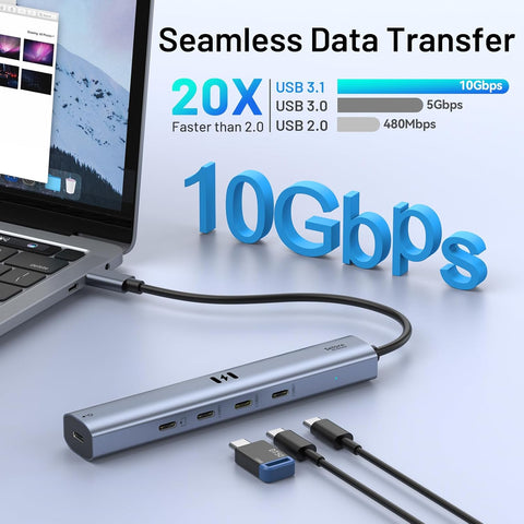 USB hub connected to a laptop with 'Seamless Data Transfer' text and speed details.