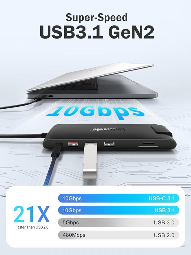 USB hub with Super-Speed USB3.1 Gen2 connection, laptop, and speed comparison chart on a light gray background.