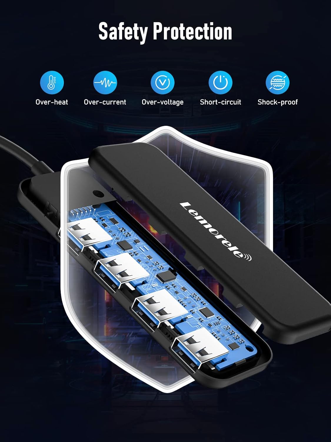 USB hub with safety protection features on a dark background