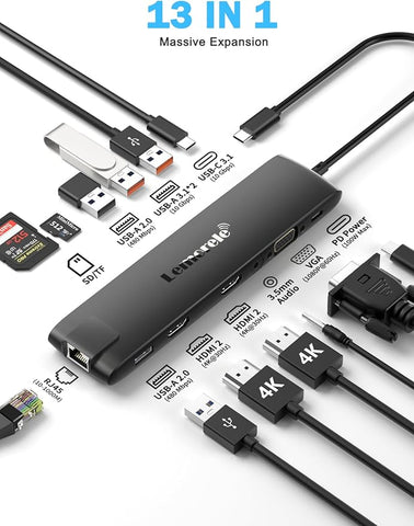  USB hub with various ports and cables on a white background
