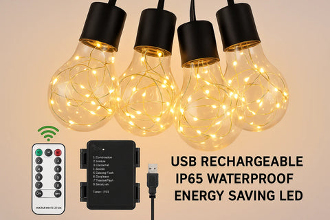 USB rechargeable LED light bulbs with remote control on a beige background