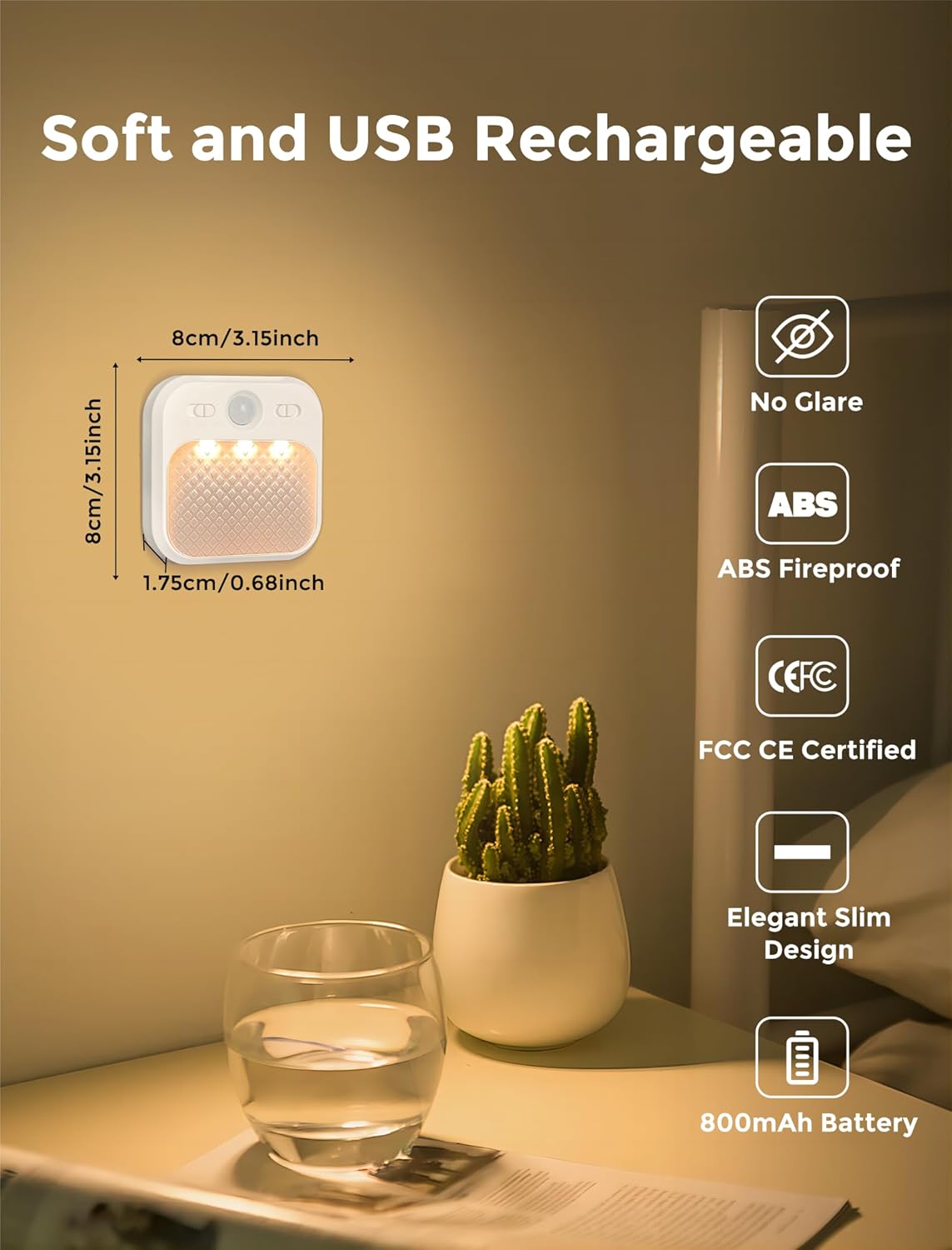 USB rechargeable light on a table with a cactus and glass, featuring dimensions and certification details.